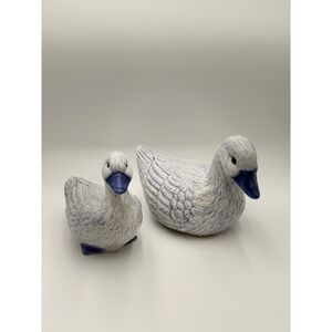 Vintage Blue White Speckled Ceramic Duck Geese Figures Set of 2 Farmhouse Decor